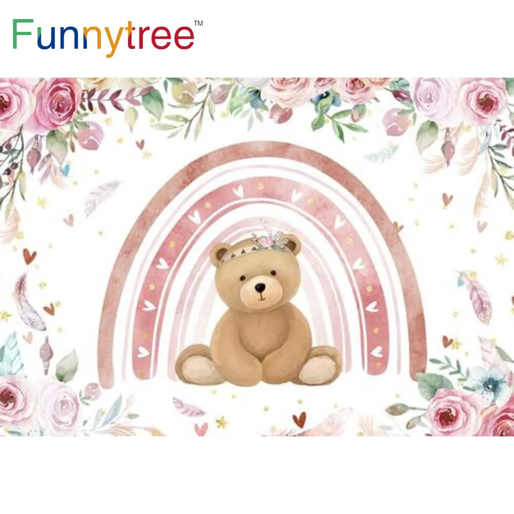 Funnytree Baby Shower Birthday Party Backdrop Pink Floral We Can Bearly Bear Girl Rainbow Feather Decor Photobooth Background