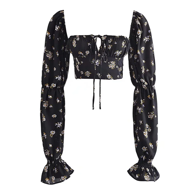 Camicetta da donna Street Sle con stampa floreale vintage romantica Bubble Sve ort irt Dolce colletto quadrato con apertura sulla pancia impreziosita