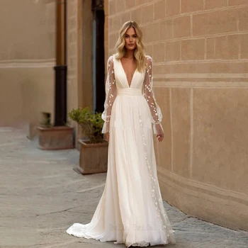 Abiti da sposa sexy personalizzati Scollo a V profondo maniche lunghe Abiti da sposa Backless Lace A-Line Sweep Train Chiffon с iyoдебное пла coi