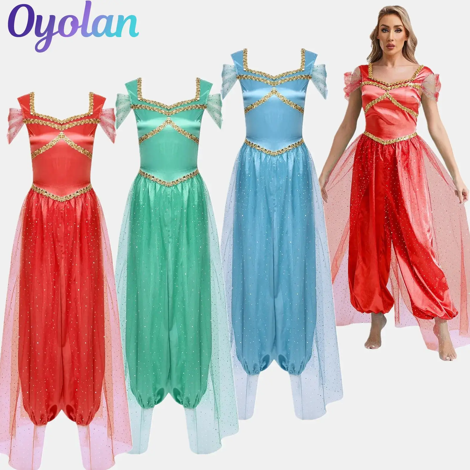 

Womens Arabic Arabian Cosplay Outfits Jasmine Belly Dance Rompers Costume Sequin Trim Pumpkin Pants with Tulle Overlay Bodysuit