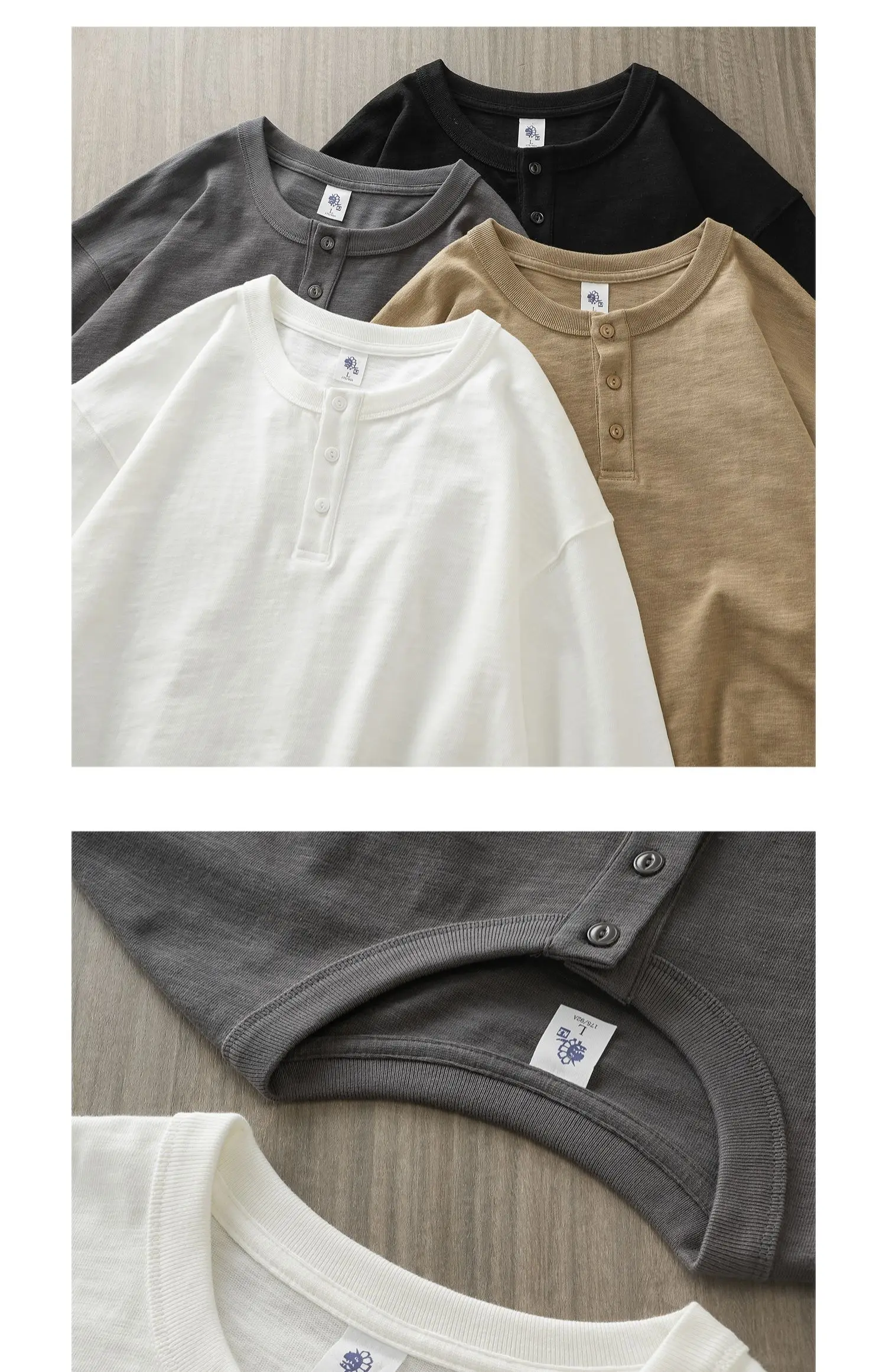 Dukeen 320G schweres T-Shirt aus 100 % Baumwolle mit Henley-Ausschnitt für Herren, langärmelig, Frühling und Herbst, lässige Oberteile, einfarbige Unterhemden – Detail 9