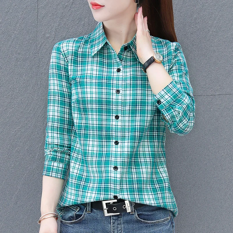 

New Women'S Spring And Autumn Leisure Loose Long Sleeved Top Korean Edition Pure Cotton Fashion Versatile Checkered Shirt Lady