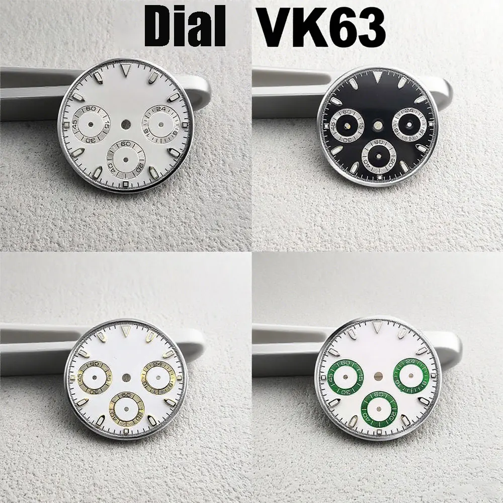 watch dial VK63 movement 29mm No logo 6-hand watch parts C3 green luminous chronograph dial customizable logo