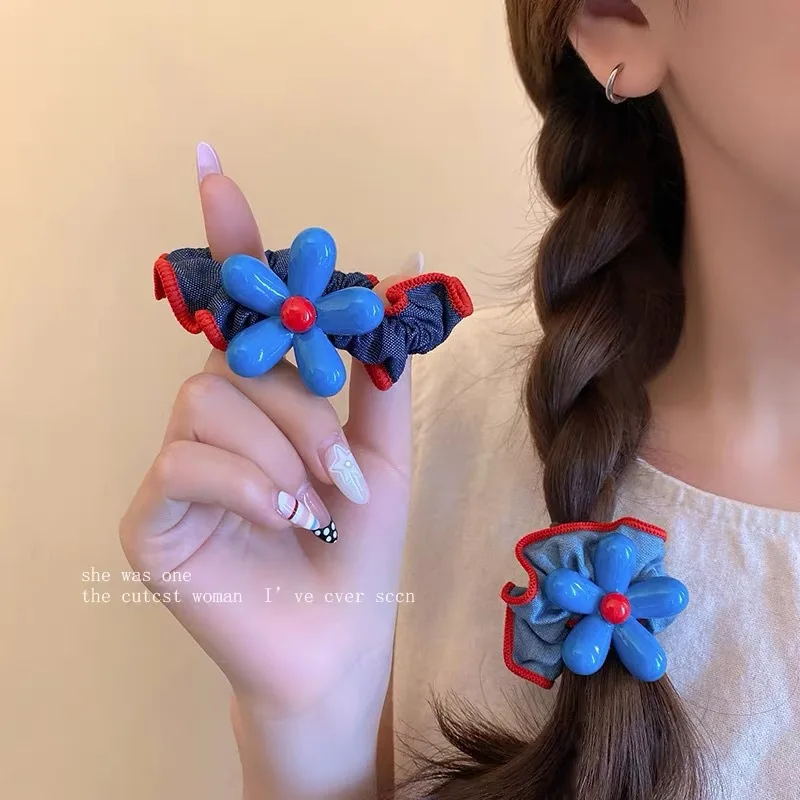 

Blue flower denim hair band women's high-end ball head tie hair rope high elastic and durable rubber band