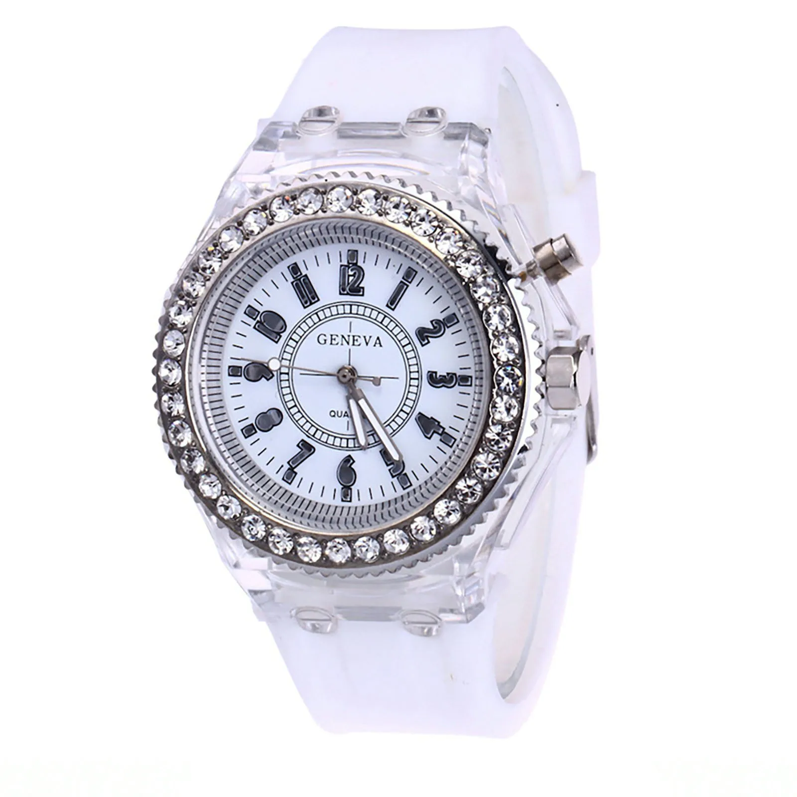 Chic GENEVA Luminous Quartz Watch Sparkling Rhinestone Frame White Silicone Strap Stylish Unique Dial Women's Wristwatch
