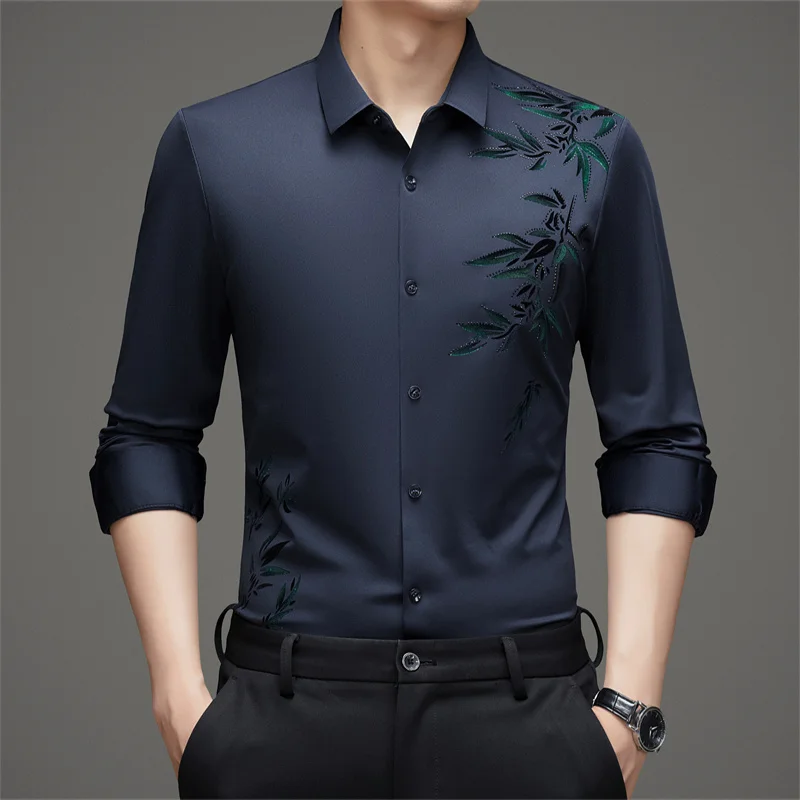 

Мужские рубашки с шелковистым принтом и заклепками, бесшовные, с длинными рукавами, легкий в уходе, весеннее качество, мягкие, удобные, умные, повседневные, Camisas De Hombre