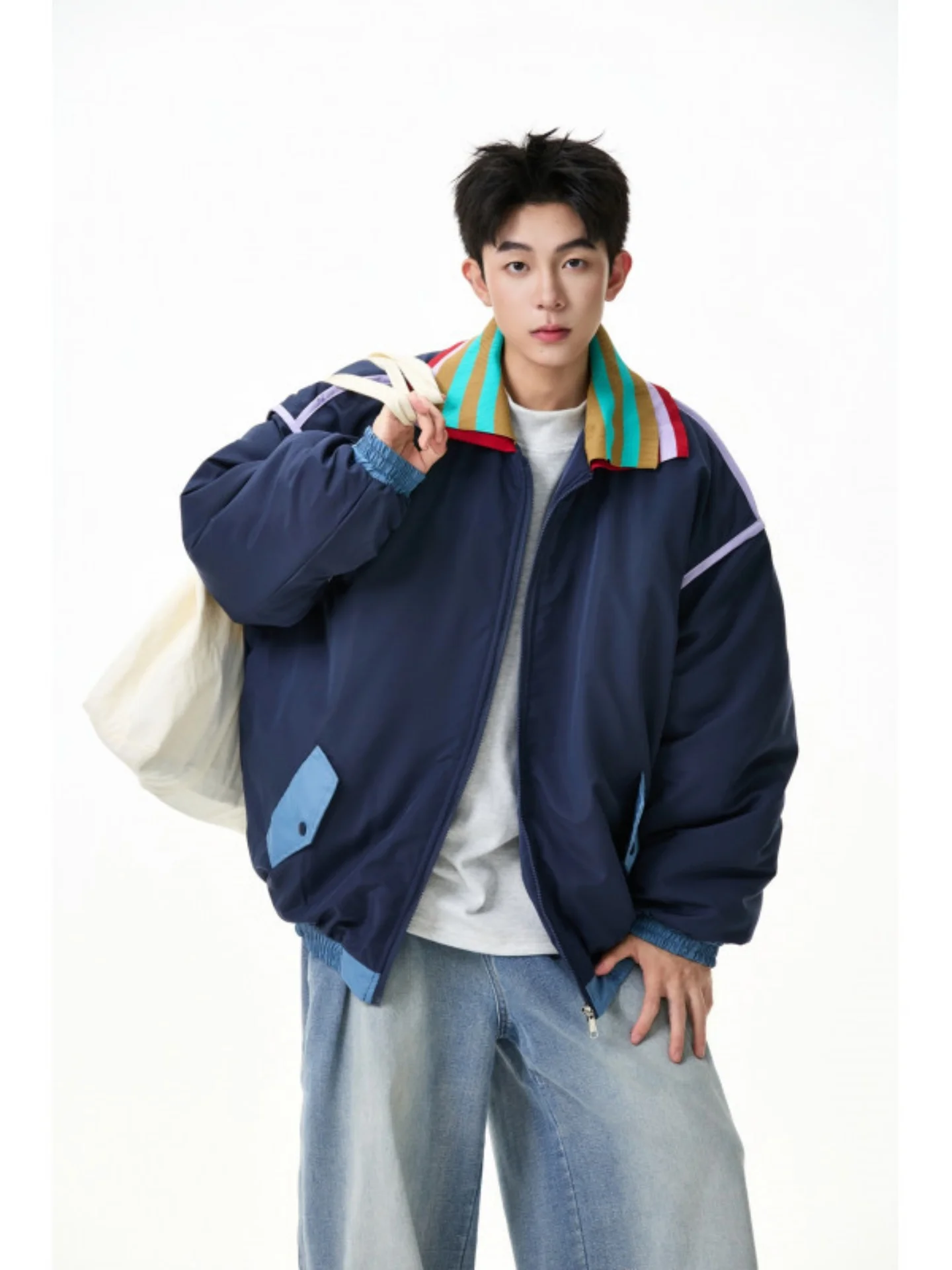 

Мужская хлопковая куртка-бомбер в стиле колор-блок с двойным воротником, модный зимний тренд, дизайнерская модель, хит продаж.