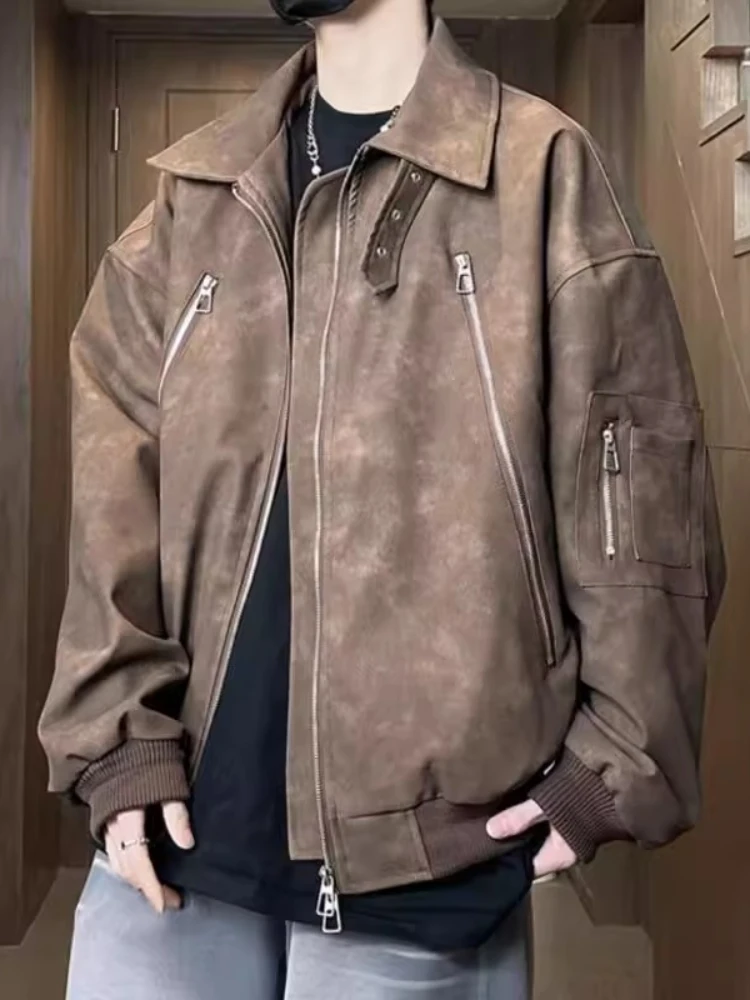

Мужская винтажная мотокуртка из искусственной кожи в американском стиле, куртка с несколькими молниями, весенне-осеннее байкерское пальто большого размера, крутая повседневная уличная одежда