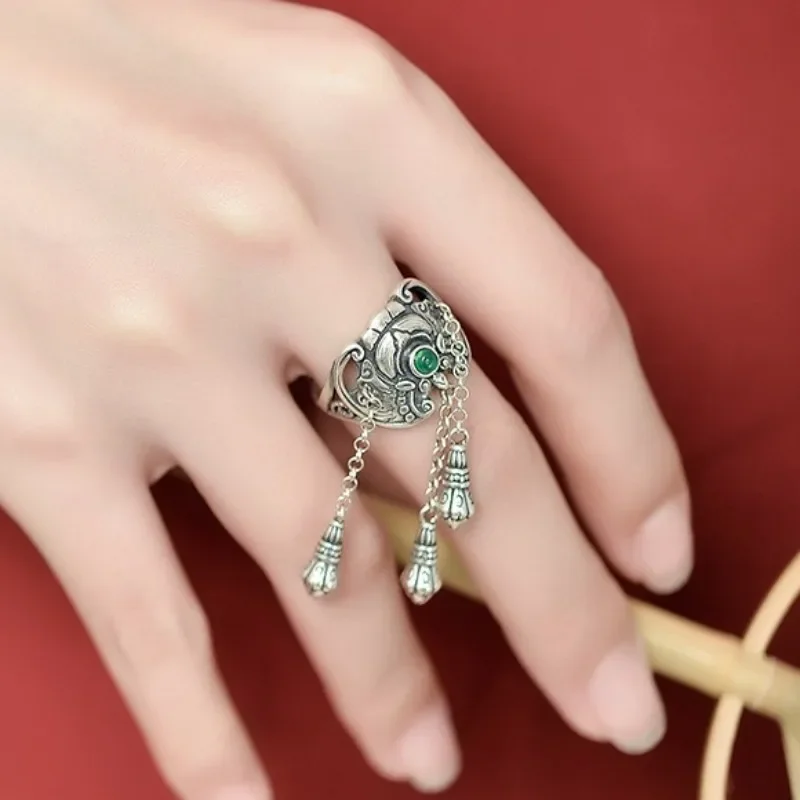 2023 New Vintage Inlaid Imitation Jadeite Adjustable Rings for Women Ethnic Style Creative Party Vacation Jewelry Girl Gifts