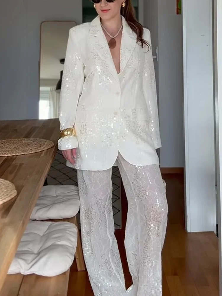 

HH Women's Pant Set Turn-Down Collar Pockets Single-Breasted Blazers+High Waist Zipper Trousers Female Sequins Sets Trendy