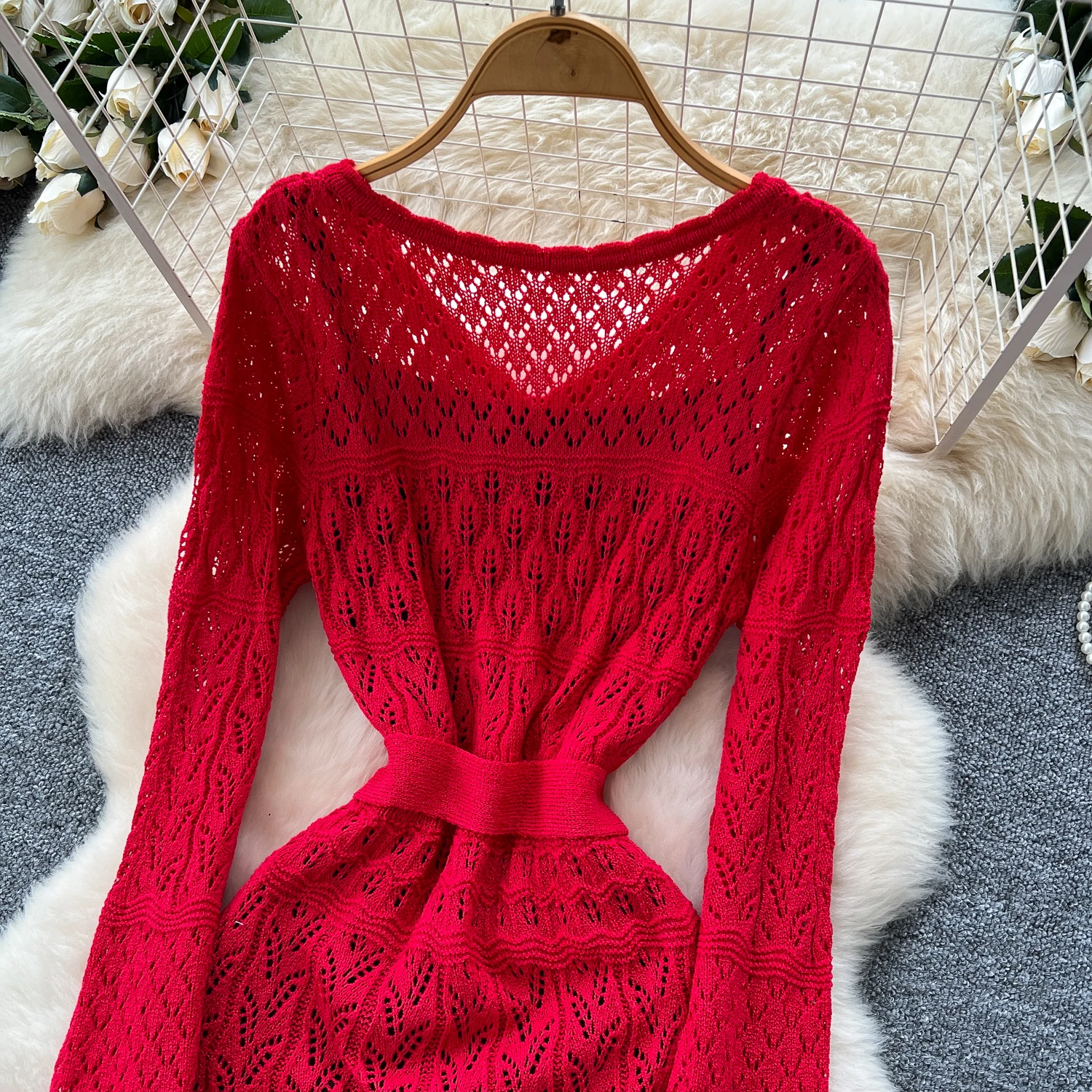 Chic vintage scollo a V telai in maglia scava fuori Elegante fata moda coreana Boho vestito estivo autunno abbigliamento donna Abito lungo