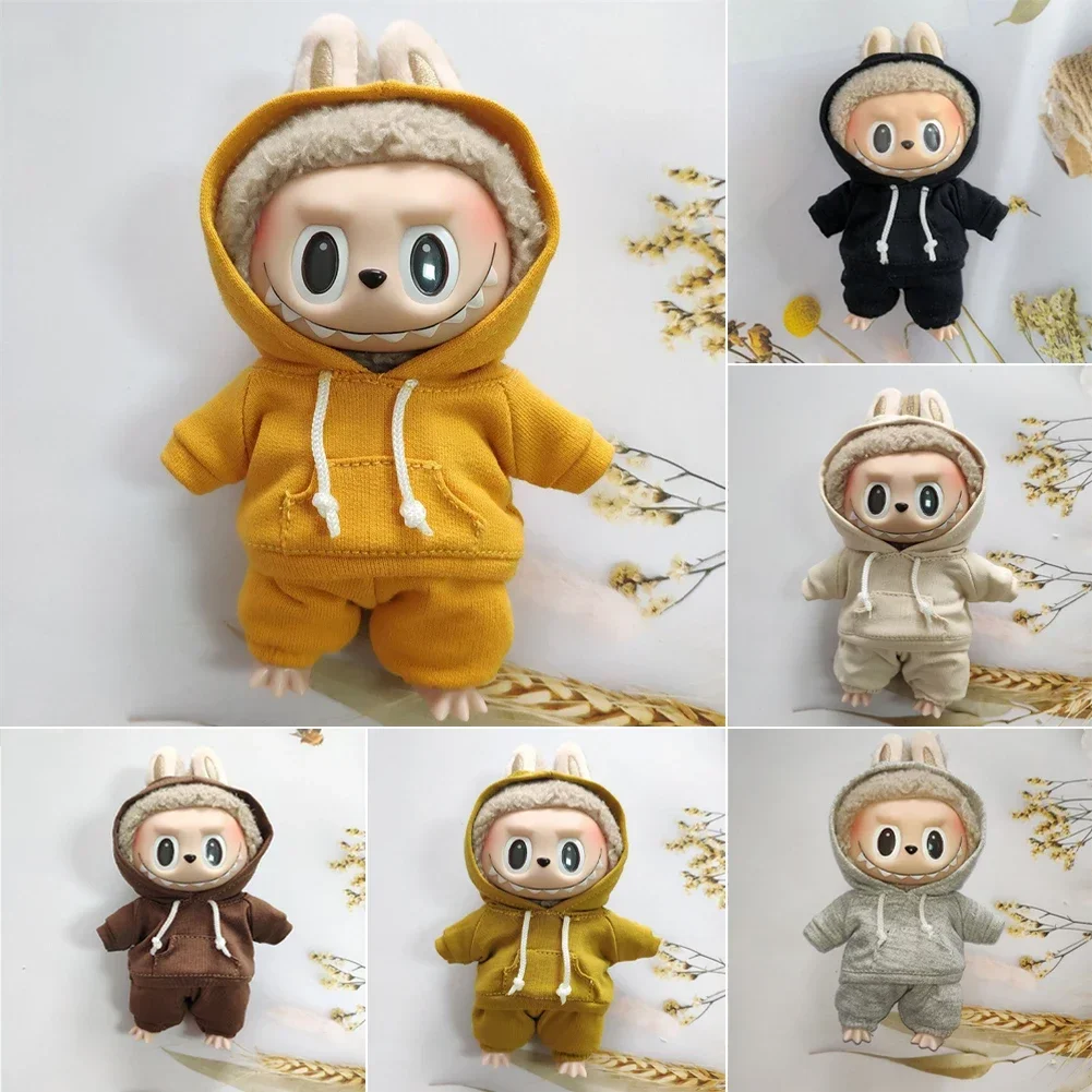 Per 17 cm Labubu Set di vestiti per bambole Felpa con cappuccio tinta unita Felpa e pantaloni Vestito per bambola fai da te Regalo per collezionisti di giocattoli