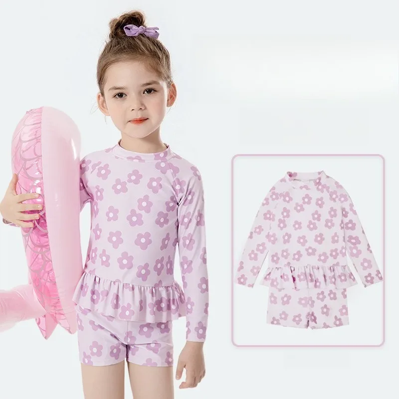 

2026 New Girls' Purple Printed Quick-Dry Swimsuit, Small and Medium Kids Vacation Three-Piece Bikini Set Children's Sportswear