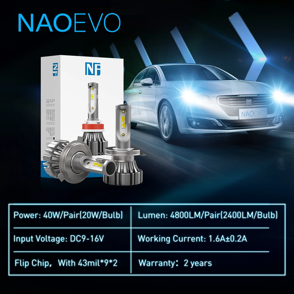 NAOEVO H4 LED Headlight Bulb 12V 40W 6000K White LED Light for Car 4800LM Fanless Mini Lamp Auto Lo Hi Beam втомобильные лампы