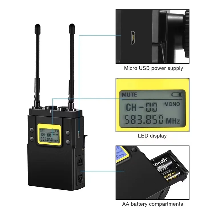 Professional UHF Dual Wireless Lavalier Lapel Microphone System DSLR Camera Recording, Presentation, Interviewing