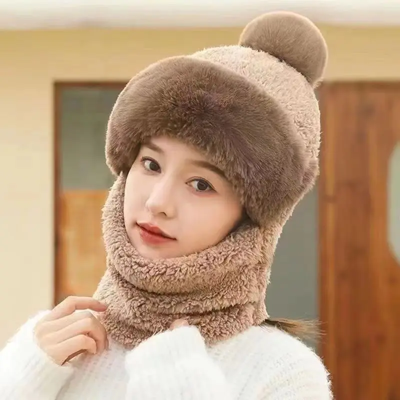 Hat for Women, Ear Protection, Windproof, Outdoor Cycling, Women's Scarf Mask, Integrated Warm and Plush Thick Toe Cap, Winter