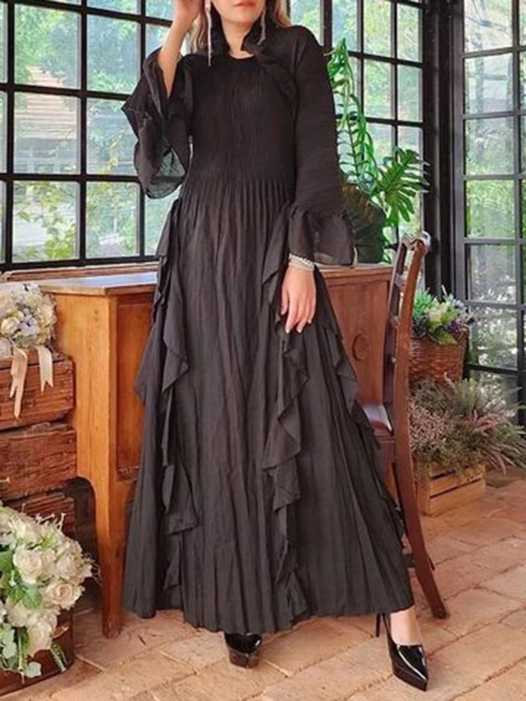 LANMREM Fashion Pleated Dress For Women Ruffles Long Sleeves Maxi Elegant Party Dresses With Belt 2023 Autumn New 2DA1710