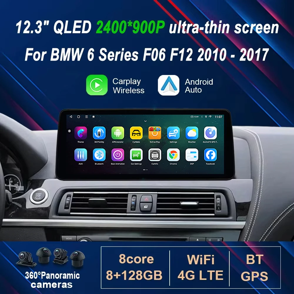 Reproductor Multimedia de vídeo y Radio para coche, Carplay inalámbrico, Android 14 ultrafino de 12,3 pulgadas para BMW Serie 6 F06 F12 2010 - 2017 GPS 4G WIFI