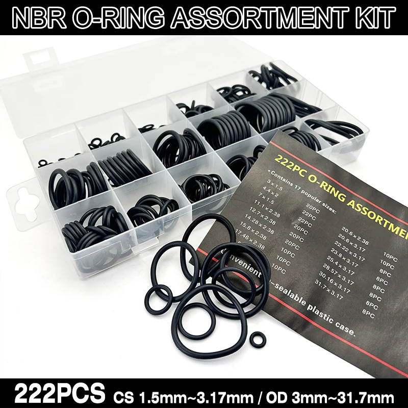 

Ассортимент черных уплотнительных колец NBR премиум-класса, 222 шт., уплотнители из нитриловой резины, маслостойкие, прочные, CS 1,5 мм/2 мм/2,38 мм/3,17 мм, внешний диаметр 3 мм ~ 31,7 мм
