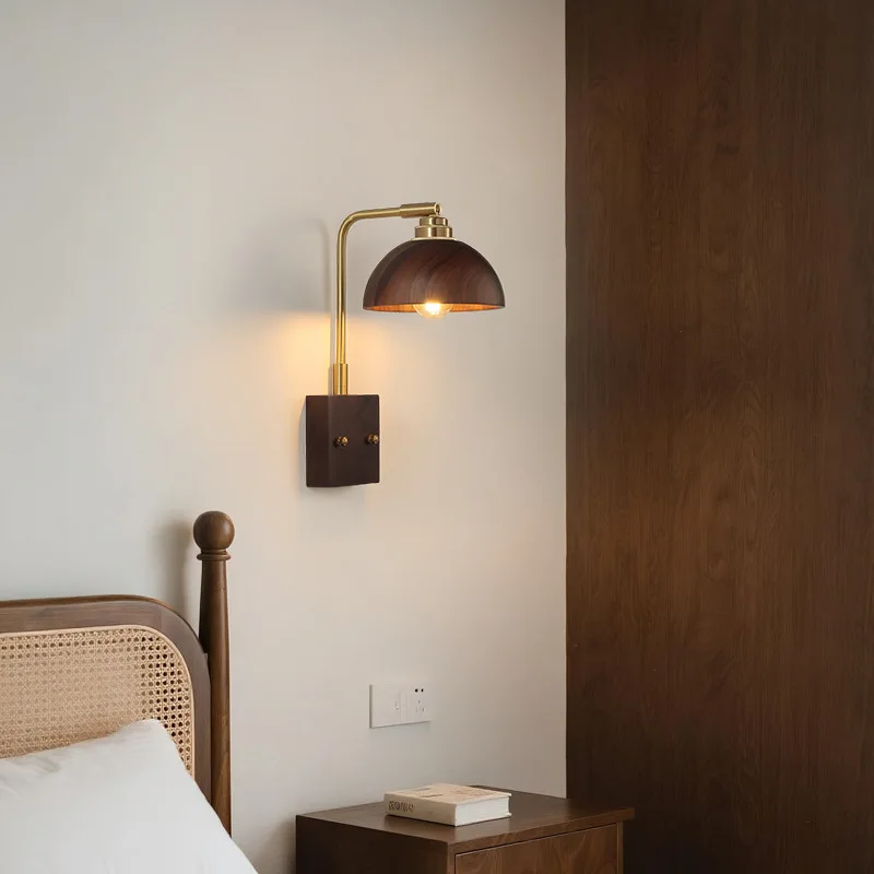 Modern Walnut Wooden Wall Lights Literature Art Bedroom Study Corridor Beside Living Room Lamps Nordic Copper Minimalist Sconces