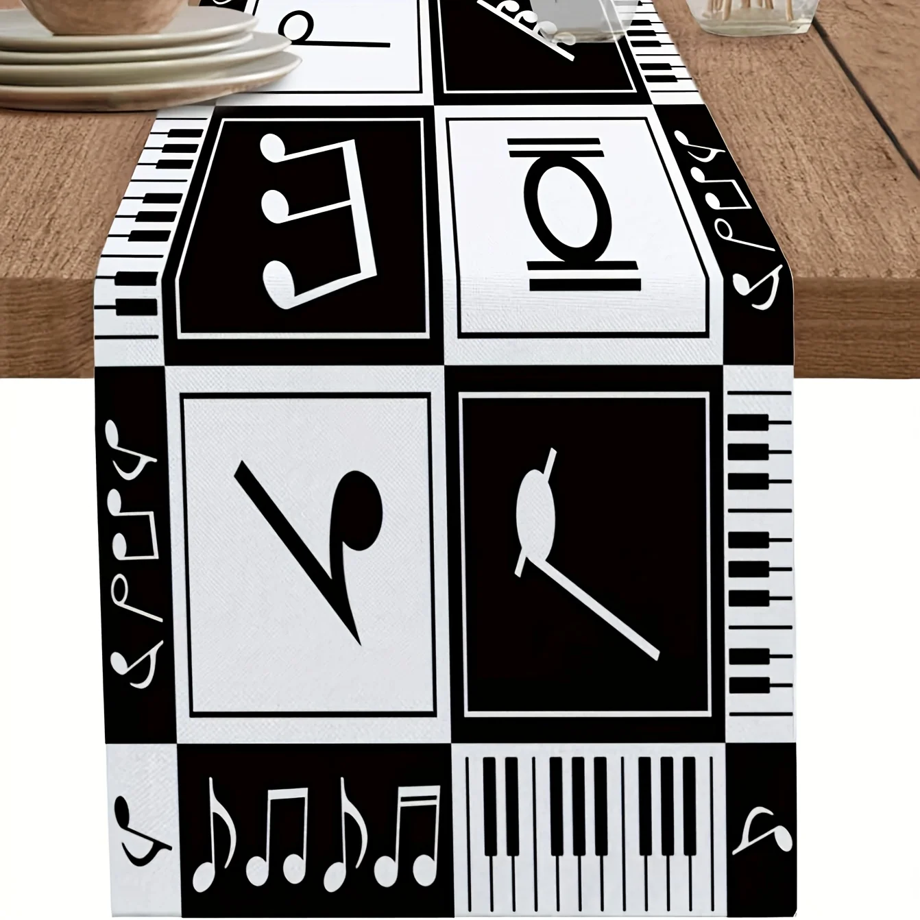 1pc Music Note Black And White Stitching Pattern Modern Table Runner, Dresser Scarf, Farmhouse Fireplace & Dining Table Decor fo