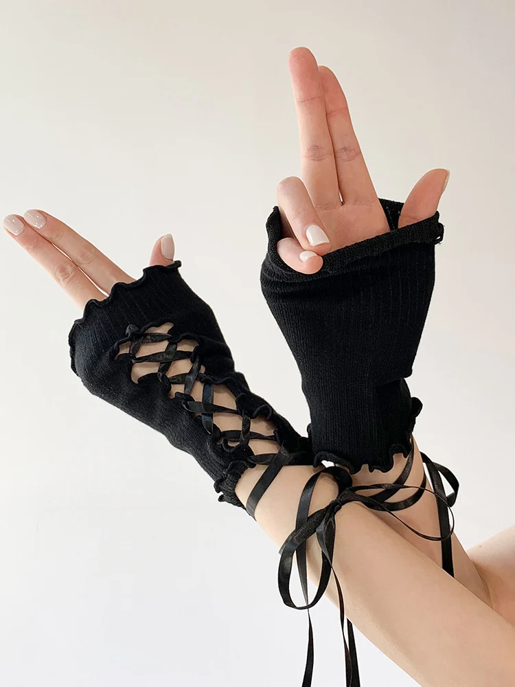 Guantes sin dedos de vendaje Sexy para mujer, guantes góticos DIY, fleje de manga de protección solar, Lolita Jk Emo Y2k, malla elástica, Punk, nuevo diseño