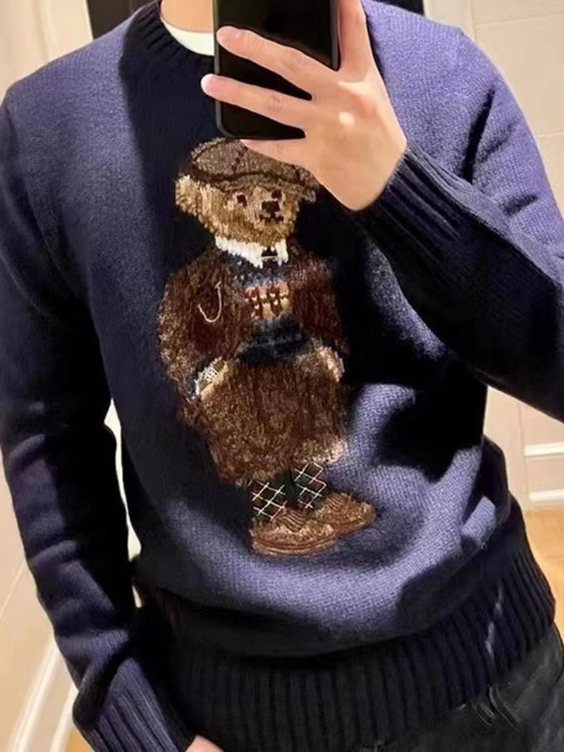 Sweater Unisex High-End Comfort Warm Bear Embroidery Navy Blue Pure Cotton Long Sleeved Knitted Sweater Sportswear