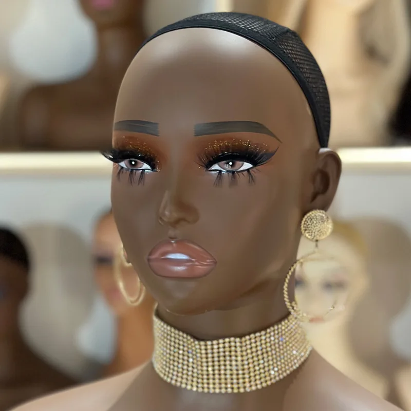 Black Skin PVC Female Mannequin Head with Shoulder Dummy Head for Wigs and Necklace Display Makeup Model