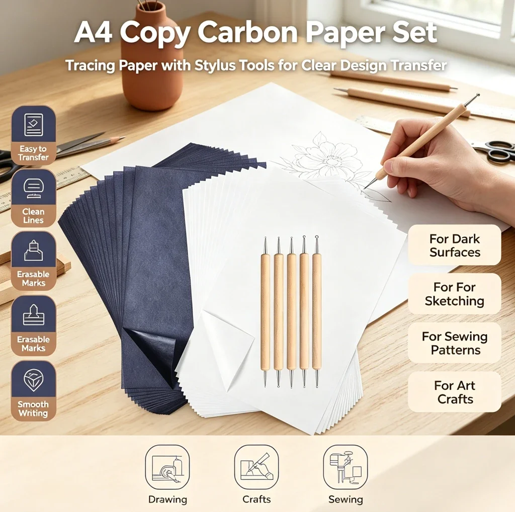 50 Blatt A4 Kohlepapier, Wiederverwendbares Graphit-Transparentpapier für Malerei, Nähen, Holz, Stoff, DIY-Basteln & Bürozeichnungen