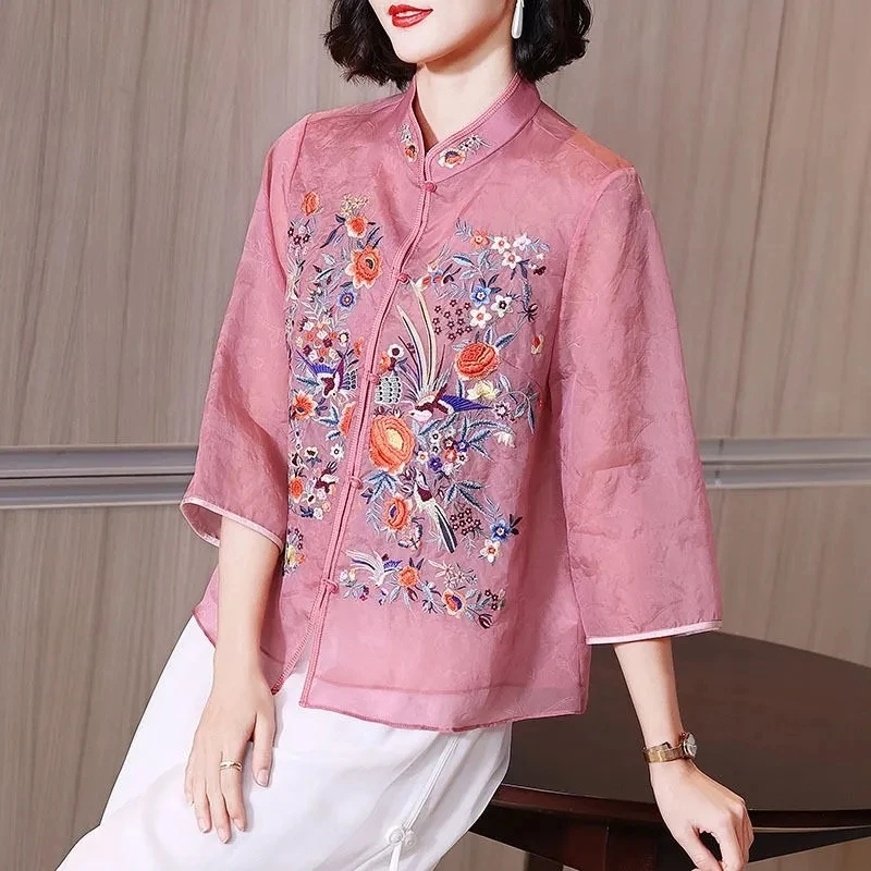 2024 Blouse Women Green Pink Chinese Blouse Ethnic Embroidery Vintage Blouse Oversize Long Sleeve Ladies Casual Tang Suit Tops