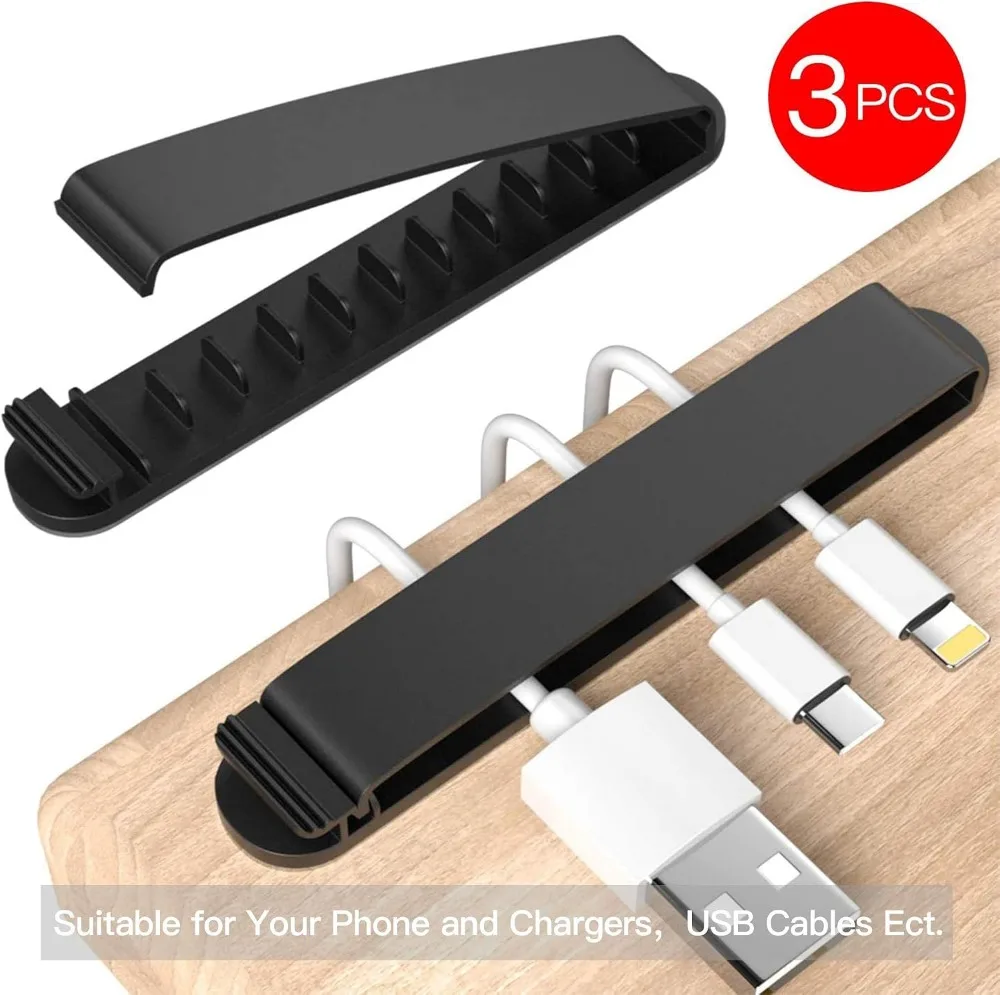 Cable Clips, 3 Pack Cord Organizer for Desk, Home, Office, Car, Self Adhesive Wire Holder (Black)