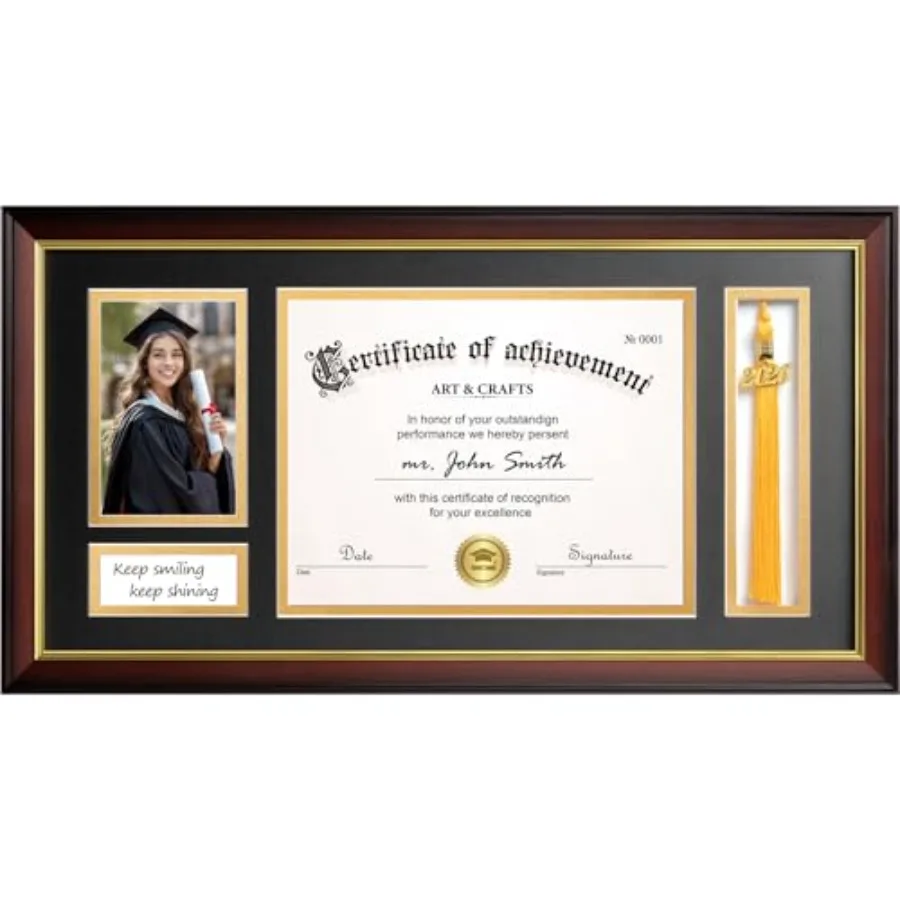 

11x22 Diploma Frame with Tassel Holder for 8.5x11 Certificate Document and 4x6 Photo with High Definition Glass Mat Over Gold A