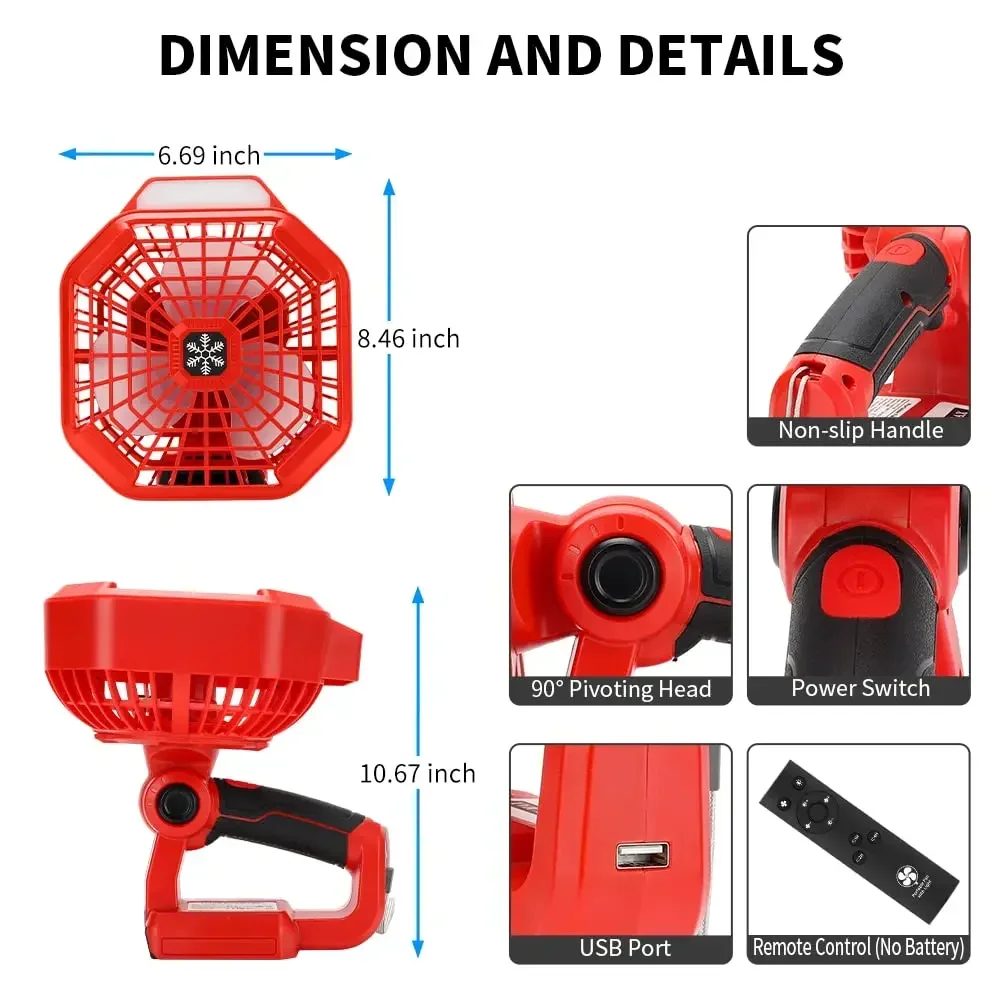 Ventilatore da campeggio a LED Ventilatore portatile senza fili con porta USB per batterie agli ioni di litio Milwaukee 18V per riparare auto e campeggio all'aperto