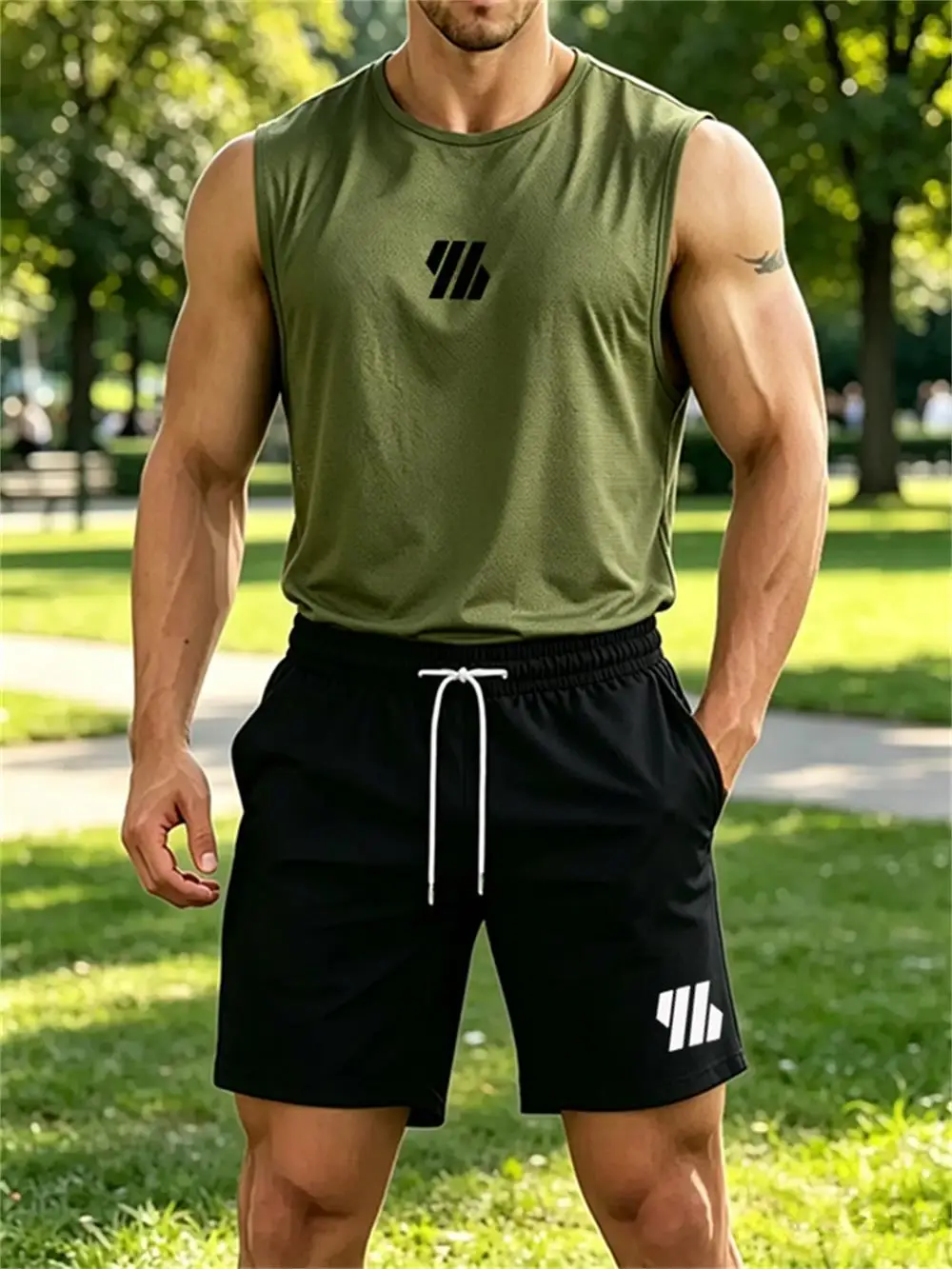 2026 new Men's Brand Vest Two-piece Fitness Running Sportswear Fashionable Printed Round Neck Vest/Breathable Shorts Sets - view 5