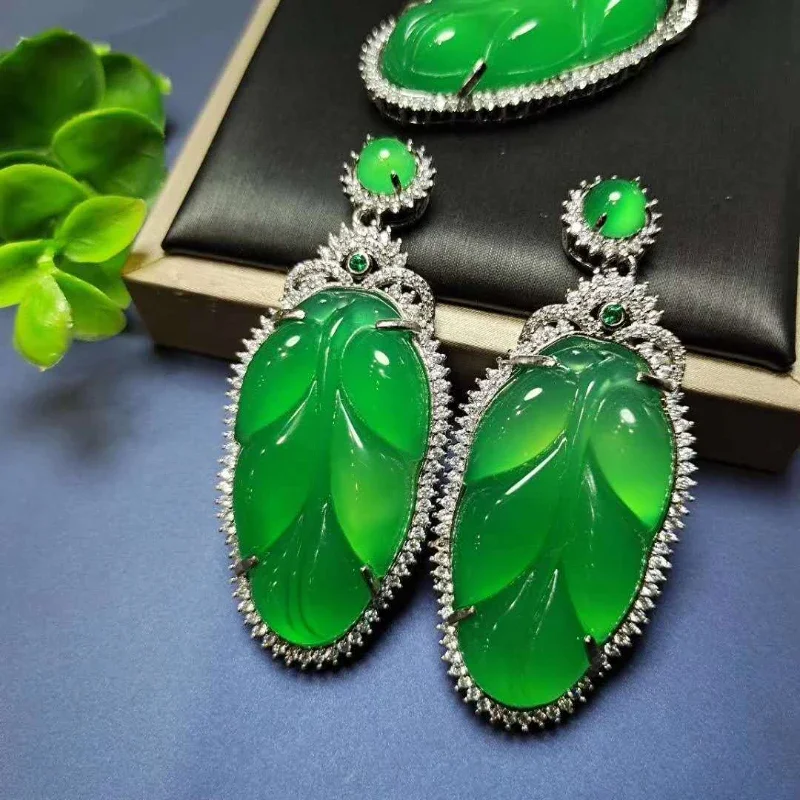 Chalcedony Green Leaf Pendant Female Ice Yang Green Pendant Golden Branch Jade Leaf 925 Silver Inlay