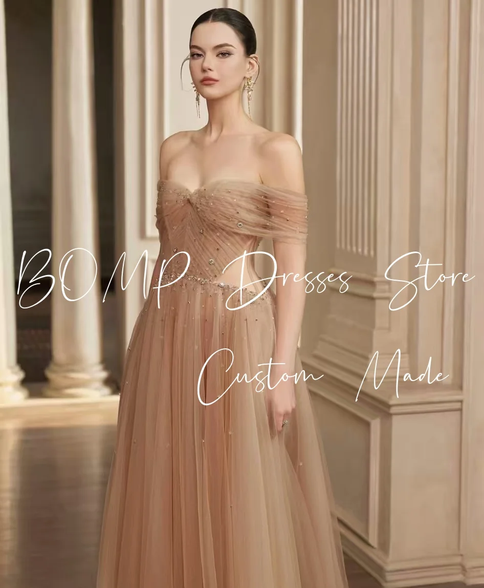 

BOMP Elegant Beads Evening Dresses Off Shoulder Pleat Cut Out Draped Floor Length Tulle Wedding Party Dress Customized Illusion