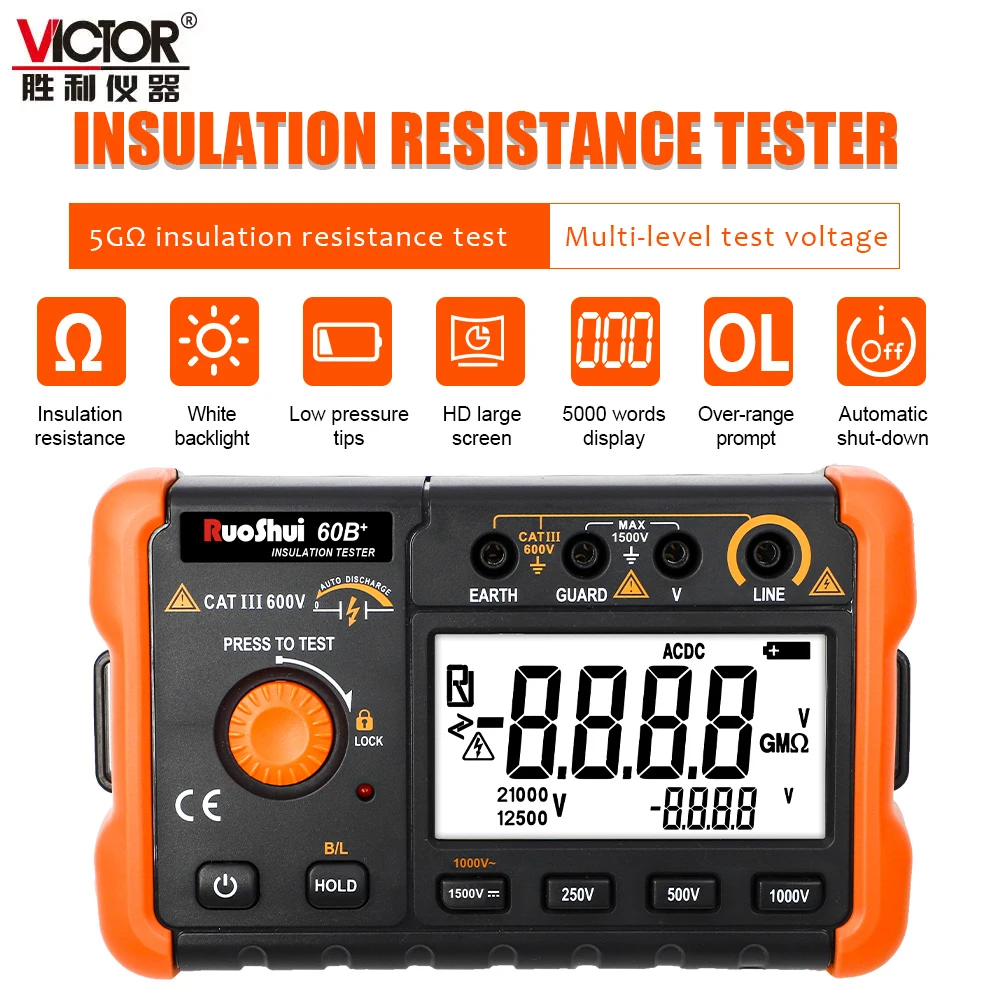 

Victor 60B+ Digital Insluation Resistance Meter Ohm Tester Megometro Earth High Voltage Resistance Meter Tester Megohmmeter Tool