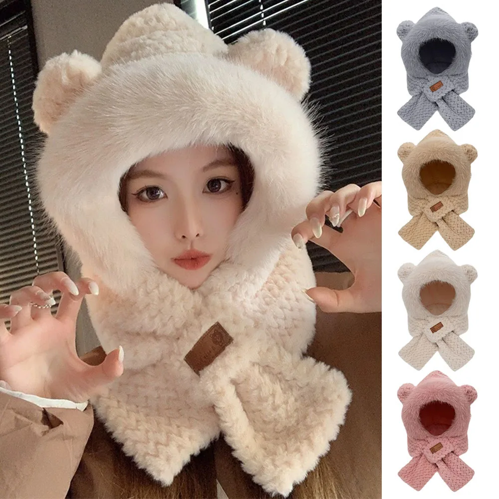 Knitted Fleece Cross Scarves Winter Ear Protection With Neck Protection Hat Scarf Set for Women Warm Knit Fleece Lined Cycling