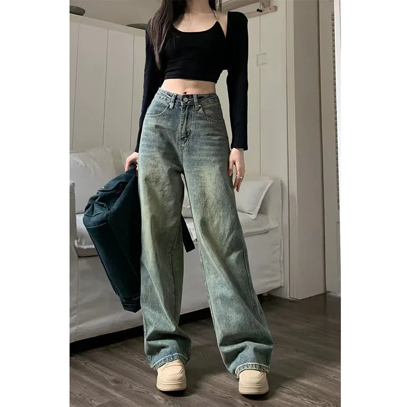 XPQBB Vintage Wide Leg Jeans for Women Streetwear High Waist Loose Straight Denim Pants Female 2024 Spring Wild Casual Trousers