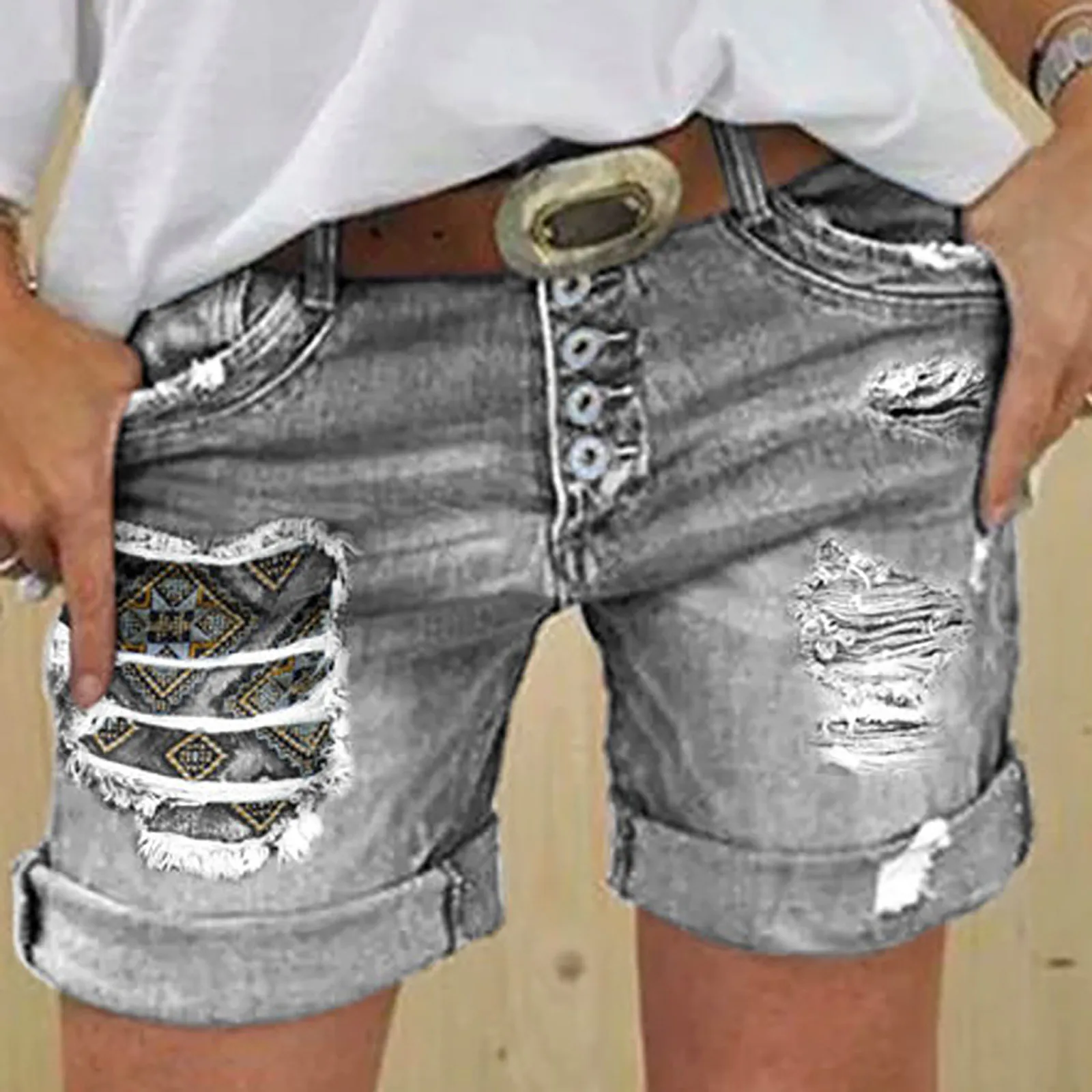 Shorts jeans bordados para mulheres, solto e versátil, cor sólida, fazendo corte antigo, remendo esfarrapado, moda, verão