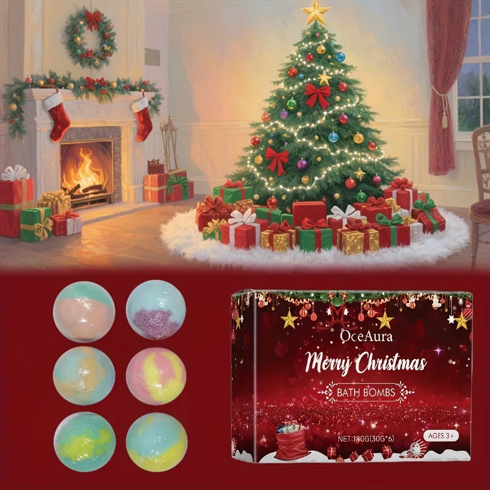 6pcs Festive Christmas Bath Bombs Gift Set, 30g Vibrant Colors Bath Salt Ball, Perfect Foam Bubble Balls for Relaxing Bath Time