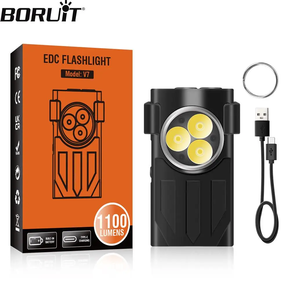 BORUiT V7 LED EDC Keychain Flashlight 1100 Lumen Type-C Rechargeable Portable Work Light Mini Torch UV Camping Pocket Lantern