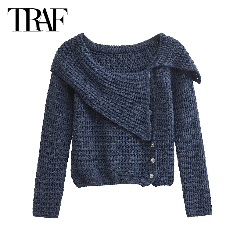 TRAF Women\'s Knitted Top 2024 Spring Autumn Off Shoulder Long Sleeve Sweater Top Ladies Fashion Casual Elegant Navyblue Sweater