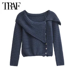 TRAF Women's Knitted Top 2024 Spring Autumn Off Shoulder Long Sleeve Sweater Top Ladies Fashion Casual Elegant Navyblue Sweater