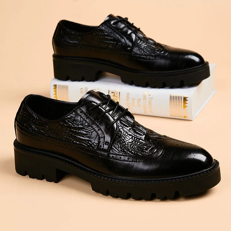 men luxury fashion party nightclub dress genuine leather shoes crocodile pattern brogue shoe black trend gentleman footwear mans