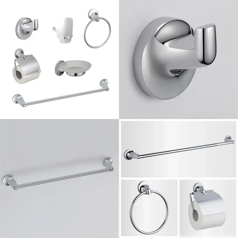 Modern Minimalist Chrome Zinc Alloy Wall Mounted 6 Piece Bathroom Accessory Set with Tissue Holder and Towel Rack