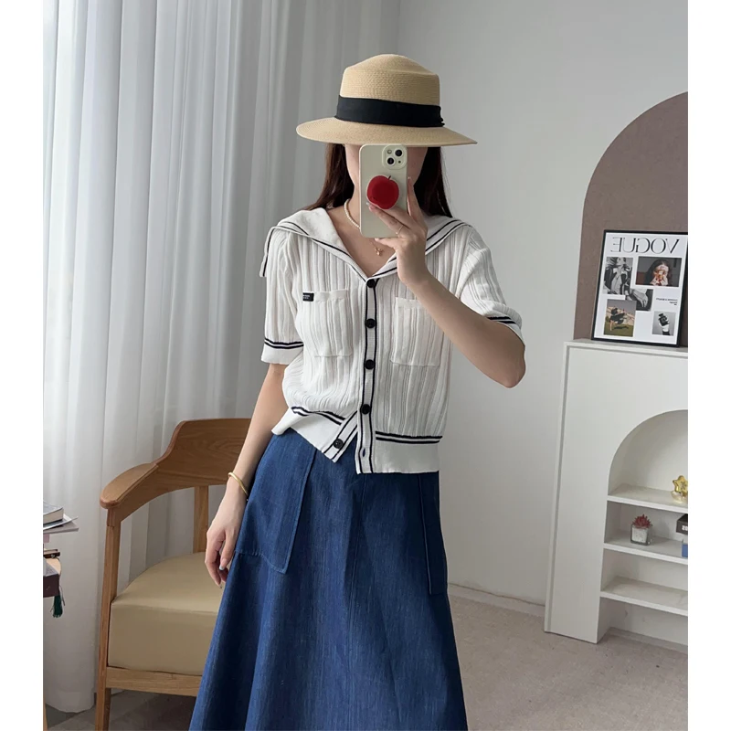 

MICOAT Pure Original Anti-Aging Chic Sle Navy Collar Color Blo Knitted Open Cardigan Women's Faion Ele Thin ...