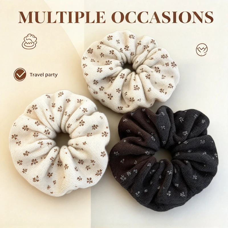2026 Korean Style Small Floral Knitted Scrunchie Premium Printed Hair Rope Vintage Elegant Ponytail Elastic Hair Band Headband