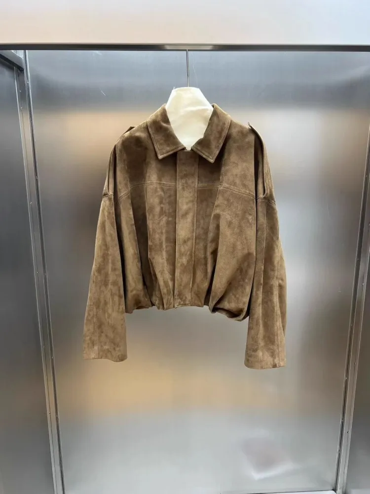 Echtes Leder Wildleder Dame Jacke Batwing Hülse Oberbekleidung Turndown Kragen Schaffell Kurze Jacken Herbst Luxus Lose Fit Mantel