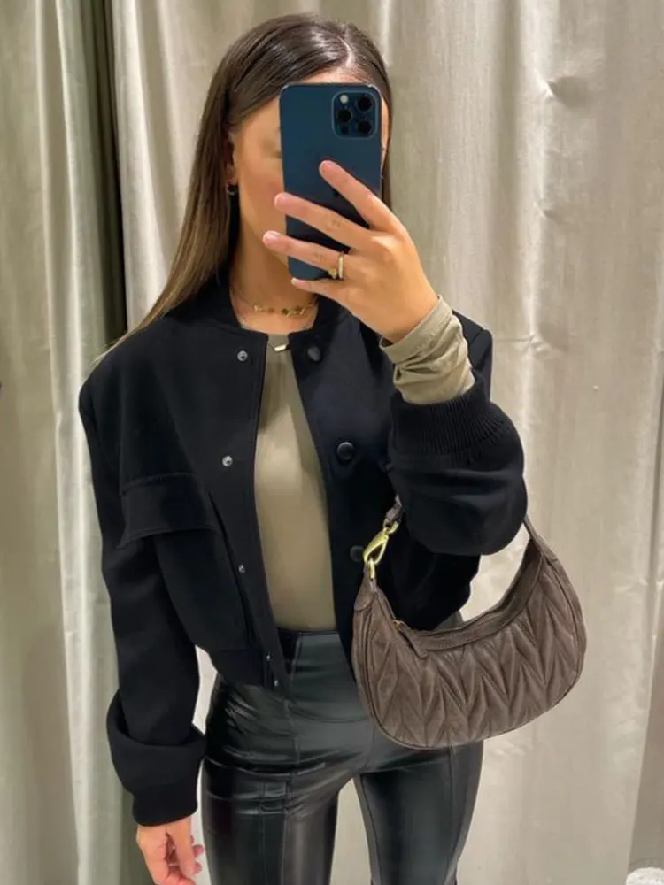 2024 Autumn Jacket For Women Solid Long Sleeve Button Coat With Pocket Casual Female Bomber Jacket Chic Outerwear
